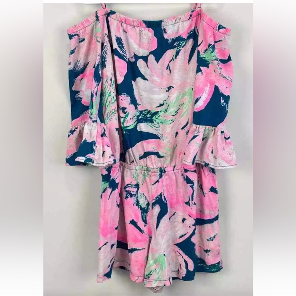 Lilly Pulitzer Girls Mini Calla Romper Tidal Wave Pans Garden Extra Large 12-14